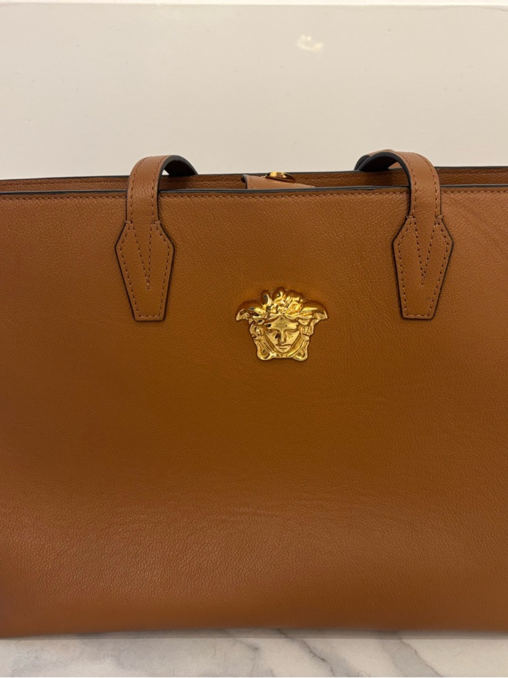 Versace Tan Leather Tote with Gold Medusa Plaque